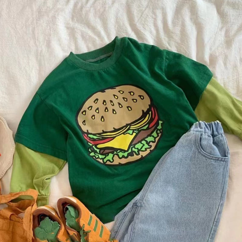 100% cotton children's boys and children 2022 autumn and winter new fake two-piece printed long-sleeved round neck T-shirt bottoming shirt
