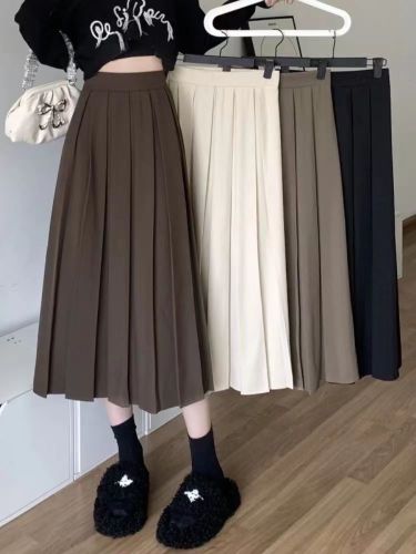Brown pleated skirt mid-length 2022 autumn and winter new high-waist slim a-line long skirt with drape umbrella skirt skirt