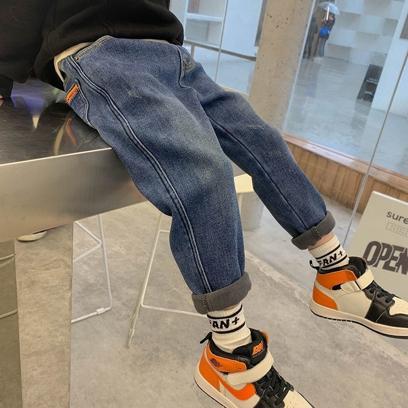 Children's clothing boys fleece jeans autumn and winter 2022 new style middle and big children's trendy pants fashion children's trousers tide