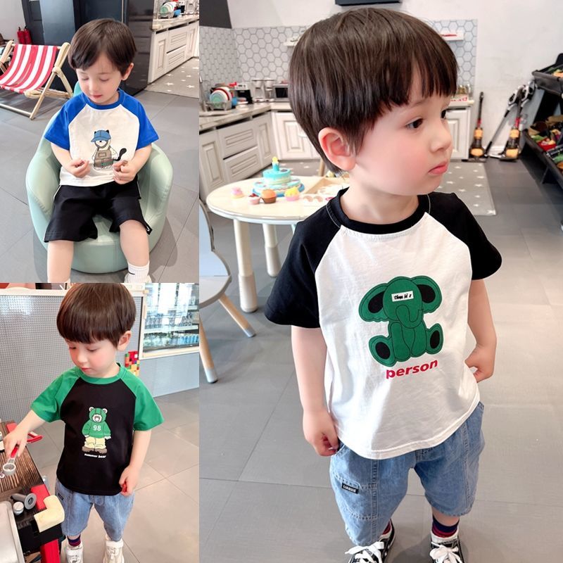 Combed elastic cotton boy raglan short-sleeved T-shirt 2022 summer children's baby all-match cartoon round neck top