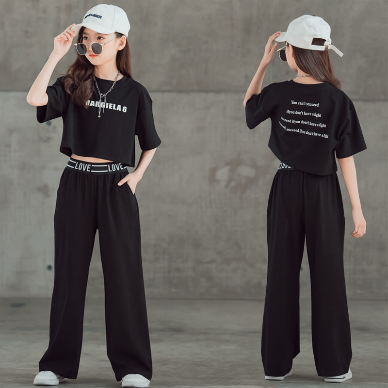 Girls' suit 2021 summer new style medium and big children's foreign style net red children's short short-sleeved top wide-leg pants two-piece set