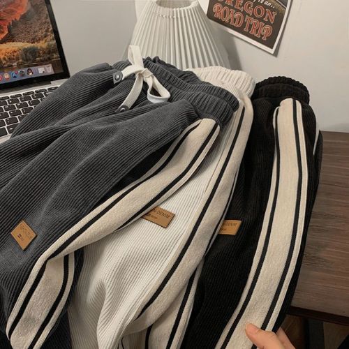 Corduroy pants men's  spring and autumn new loose straight pants ins trendy all-match striped sports casual trousers