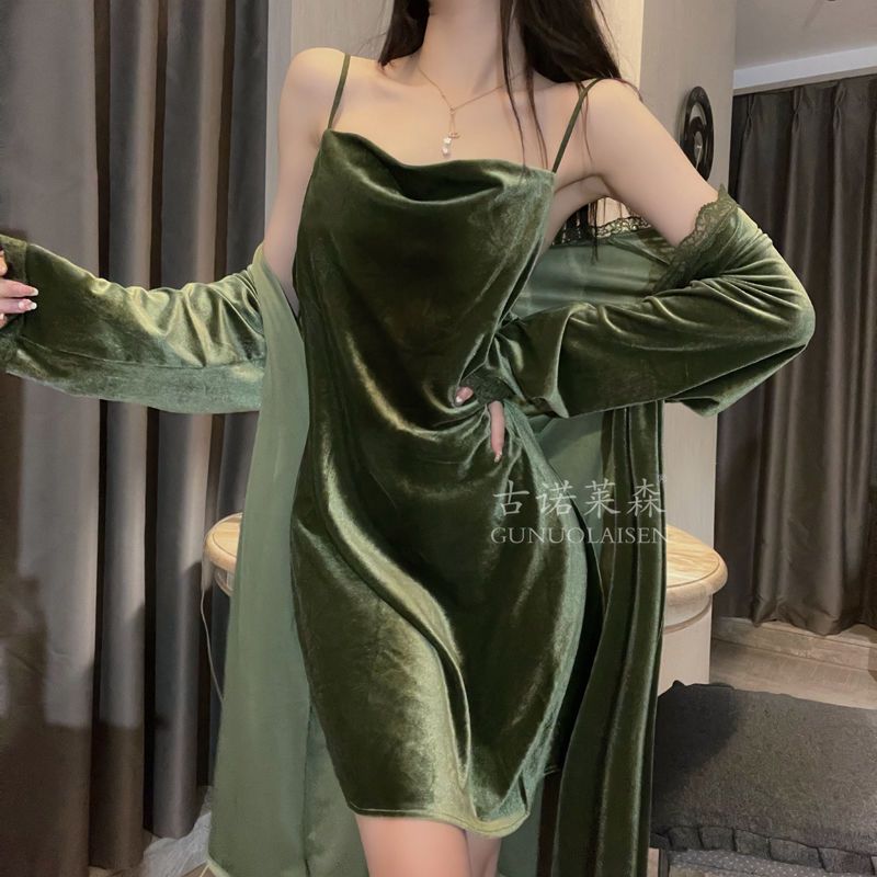Gold velvet pajamas women's 2022 new autumn and winter pure desire suit nightdress sexy sling lace winter winter
