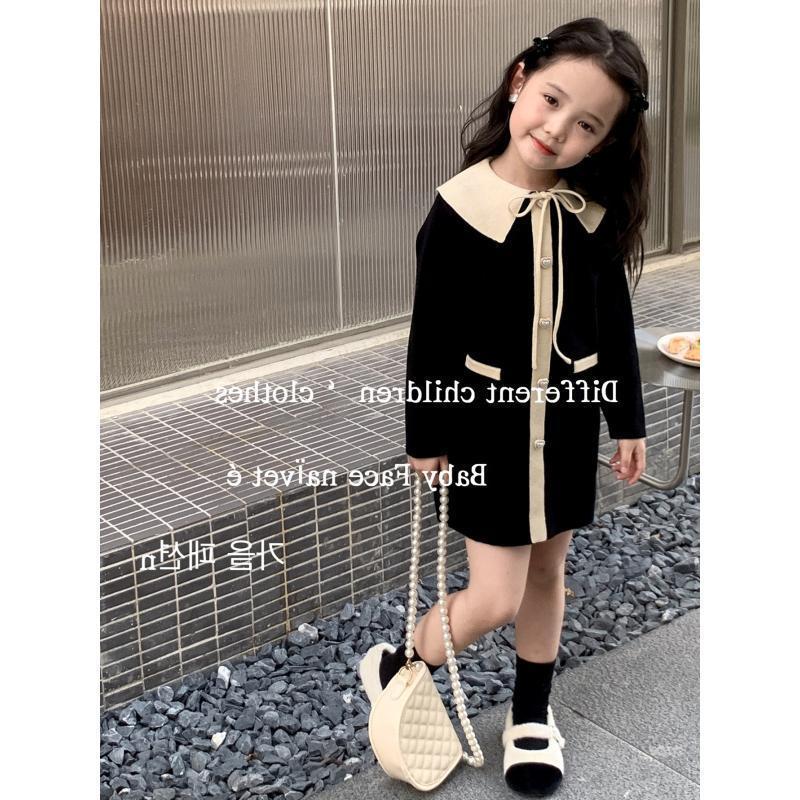 Korean version of 2022 spring and autumn new girls' small fragrant style foreign style lapel knitted dress children's temperament mid-length skirt