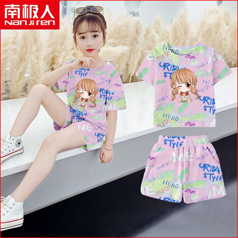 Girls 2021 Summer Dress Casual Suit Net Red Girl Western Style Striped Clothes Big Boys Children's Short-sleeved Two-piece Set