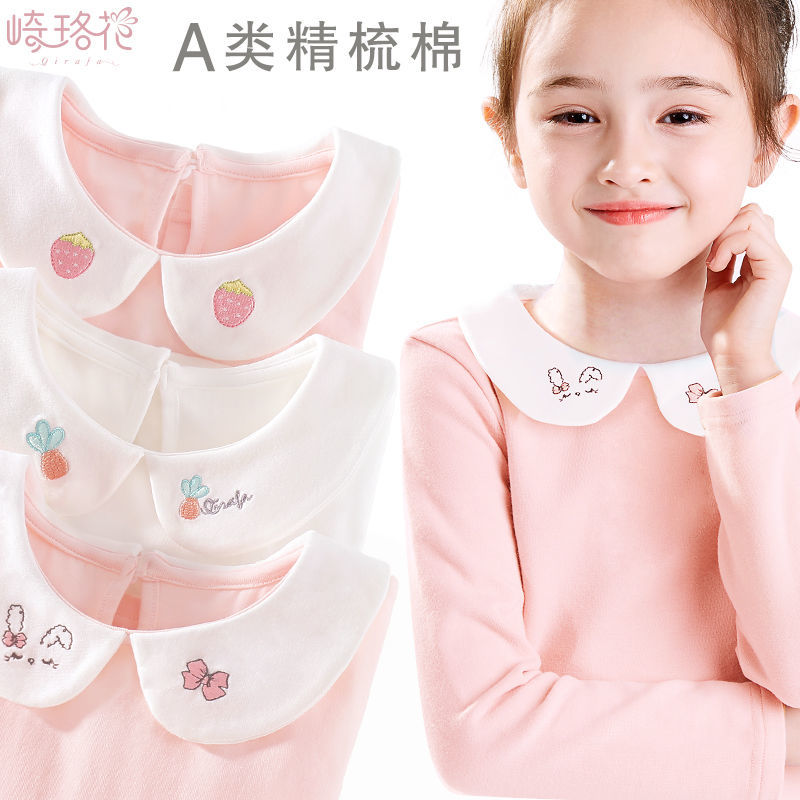 Girls' bottoming shirt spring and autumn children's pure cotton long-sleeved autumn and winter plus velvet tops in big boys and girls foreign style white T-shirt