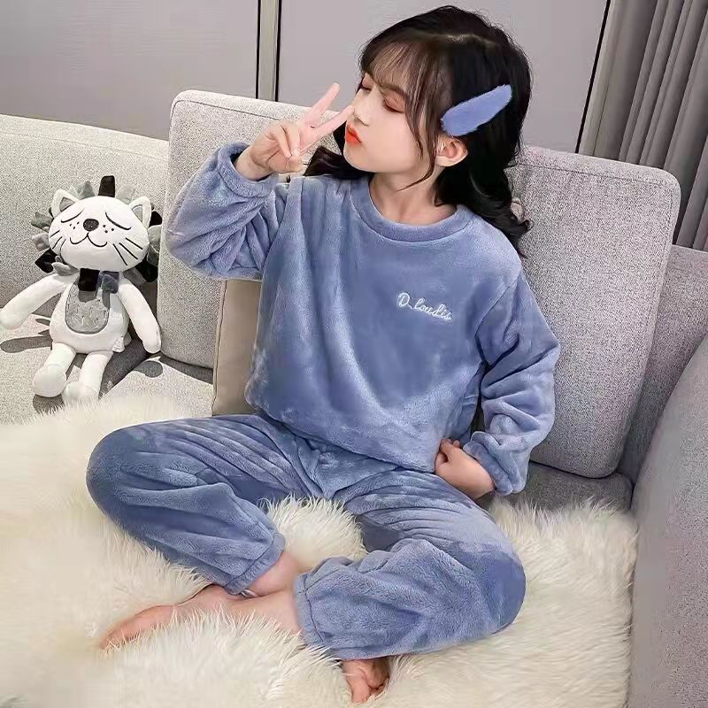 Children's pajamas autumn and winter thickened coral fleece boys and girls warm trousers suit parent-child outfit super cute home clothes
