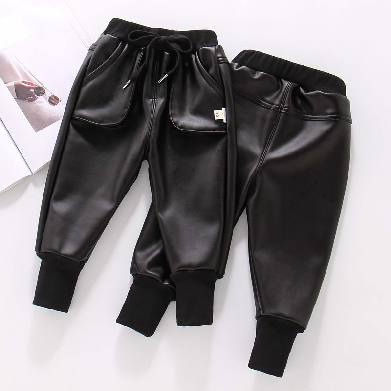 Children's pants children's leather pants with velvet and thickened one-piece velvet winter boys' leather pants for small and medium-sized girls baby leather pants with velvet tide