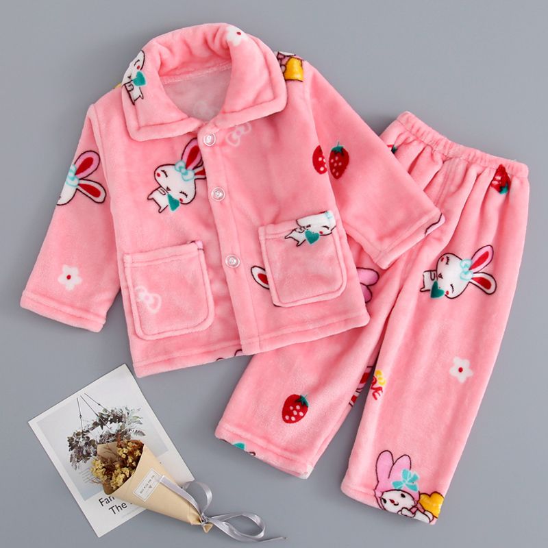 Autumn and winter children's flannel pajamas boys and girls coral fleece baby girl long-sleeved fleece thickening suit