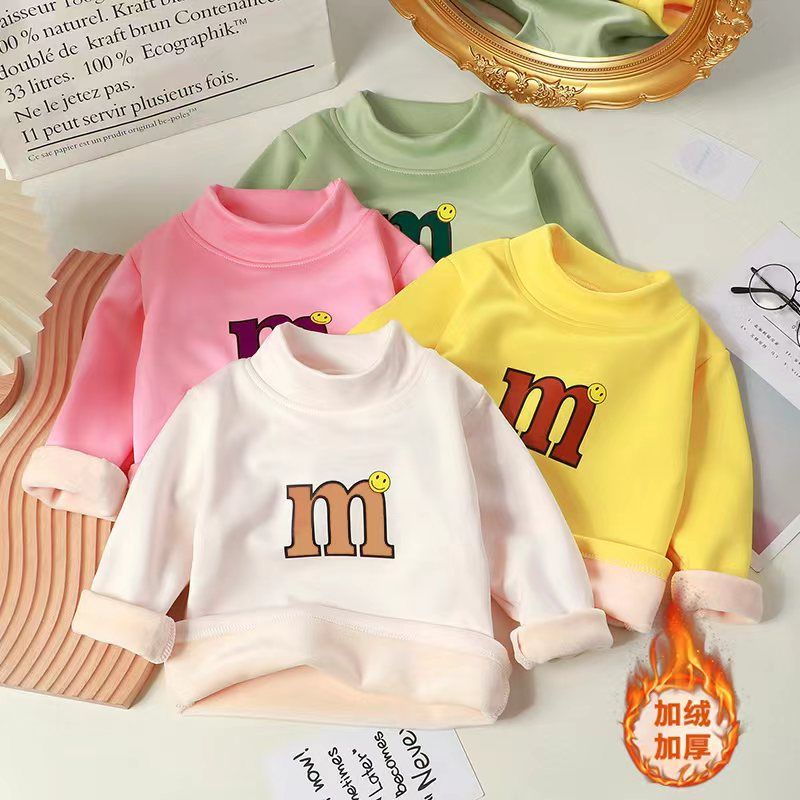 Children's fleece tops 0-9 years old mid-collar single-piece t-shirt baby long-sleeved autumn clothes winter infants warm bottoming shirt