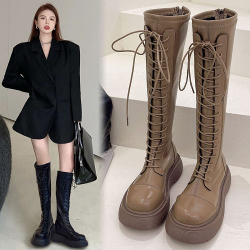Lace-up boots women's 2022 autumn new but knee thick-soled high-tube small thin knight long boots
