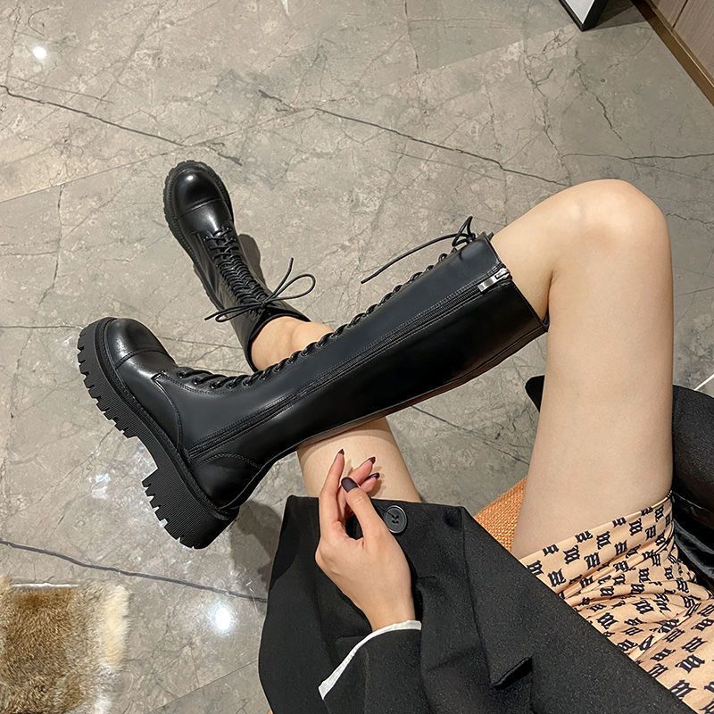 2022 new thick-soled knight boots women's boots British style big head high boots but knee lace-up boots