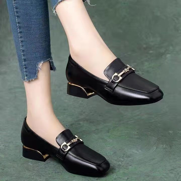 Real soft leather square toe single shoes women 2022 spring and autumn new low-heel thick-heeled all-match loafer shoes fashion ladies leather shoes