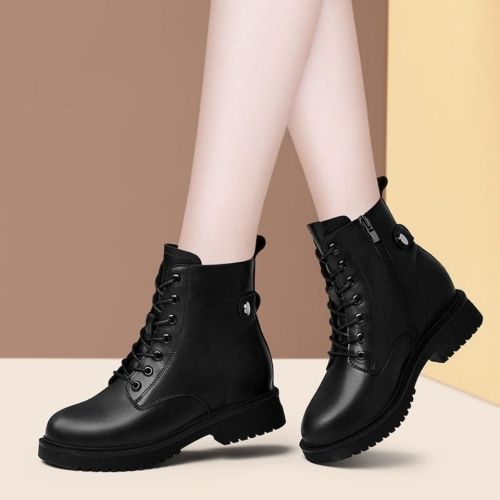 Real soft leather short boots women's  autumn and winter new Martin boots women's fleece all-match flat bottom warm and thin chunky heel leather shoes