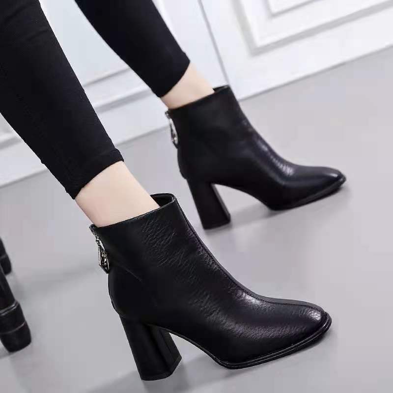 Real soft leather short boots women's 2022 autumn and winter new all-match British style single boots Martin boots square toe thick heel thin boots