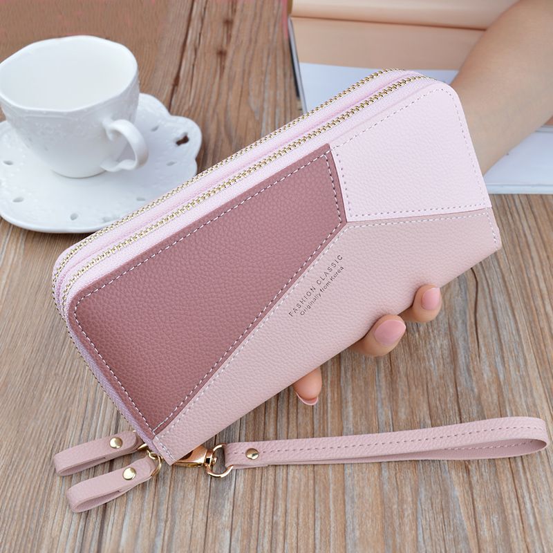 New double-layer wallet women's long double zipper mobile phone bag Japanese and Korean color contrast large-capacity clutch purse wallet coin purse