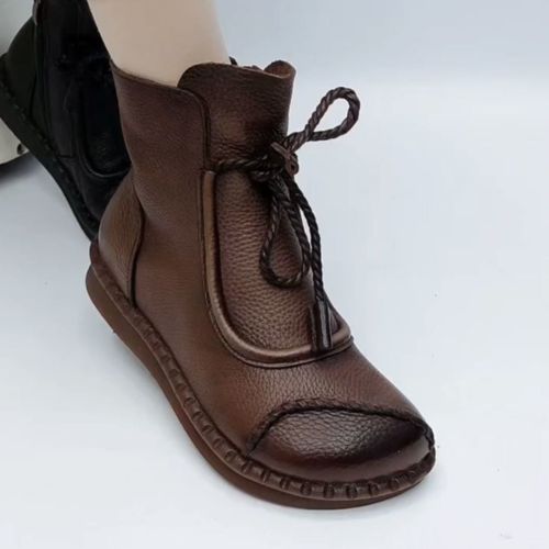 Woodpecker women's boots spring and autumn new retro women's non-slip soft bottom flat mother shoes comfortable soft cowhide short boots