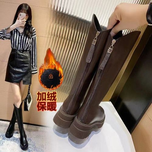 Leather thick-soled V-mouth boots women's 2022 new rear zipper thin boots but knee-length knight boots