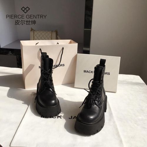 Pierre Shigen leather thick-soled heightened Martin boots women's ins new sponge cake locomotive boots thick-heeled mid-tube boots