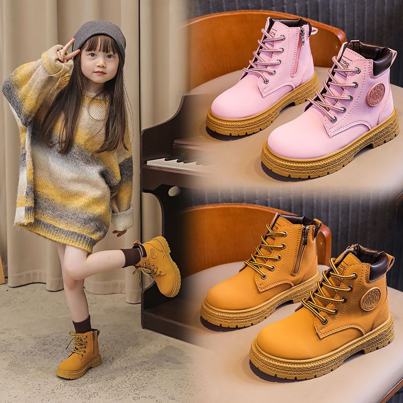 Girls Martin boots plus velvet children's yellow boots 2022 autumn new boys' non-slip short boots middle and big children's cotton shoes trendy