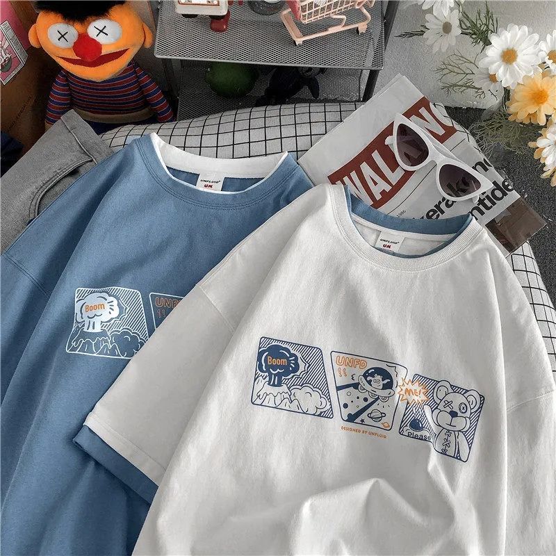 Fake two-piece short-sleeved white t-shirt female 2022 new ins Korean version loose half-sleeved couple tops
