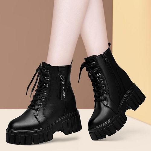 Real soft leather Martin boots  new spring and autumn single boots thick-soled inner heightened boots plus velvet British style short boots for women