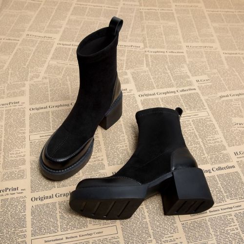 Thick heel waterproof platform Martin boots women's soft bottom small height increase splicing short boots matte elastic thin boots all-match