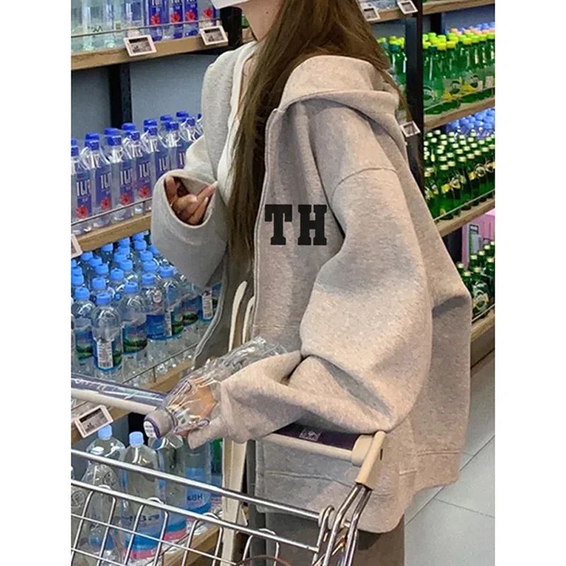 Oversize loose coat women's large size fat m300 catties autumn and winter lazy wind plus velvet thickened cardigan hooded sweater