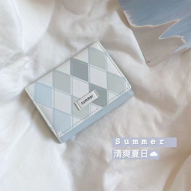 Sea salt blue plaid wallet fresh new style simple ins style Korean large capacity multifunctional student wallet zero card bag