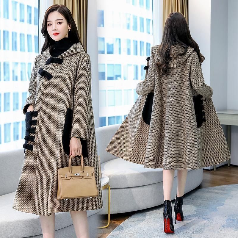 Ethnic style woolen coat women's mid-length 2022 autumn and winter new style thin plaid small fragrant wind cloak woolen coat