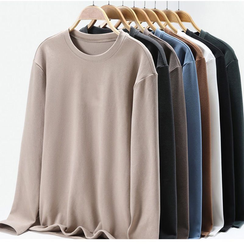 Cationic warm top men's T-shirt double-sided sanding self-heating plus velvet autumn and winter round neck de velvet bottoming shirt men