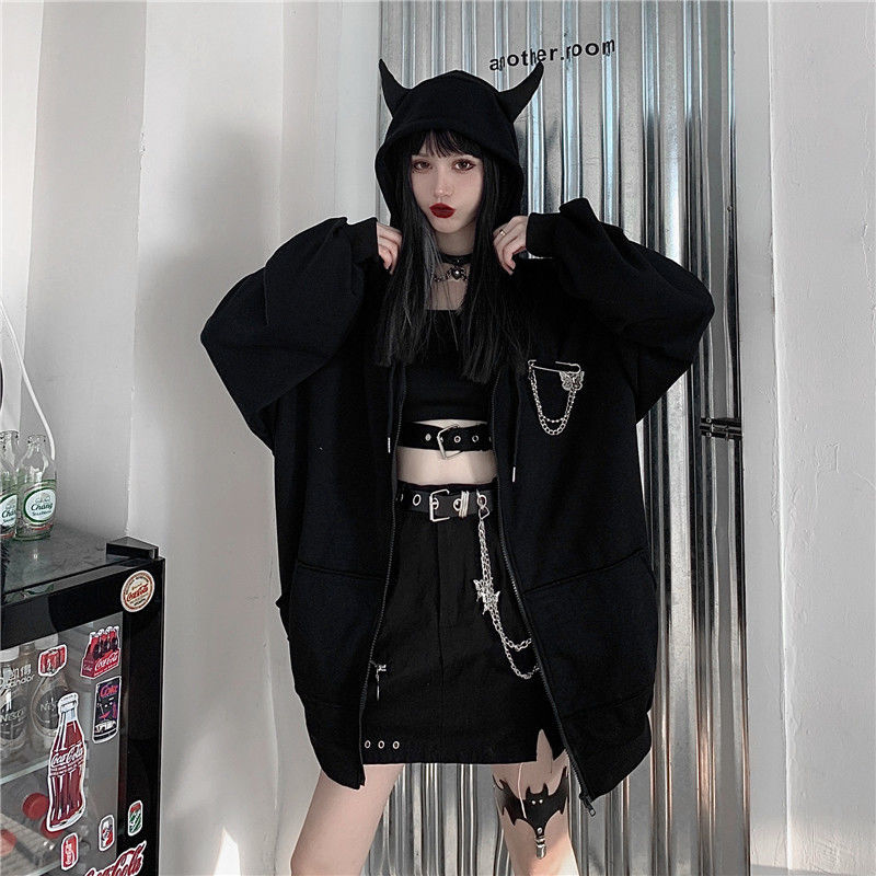 Little monster black hooded sweater jacket women's spring and autumn thin section Korean version loose and thin plus size 200 catties ins top