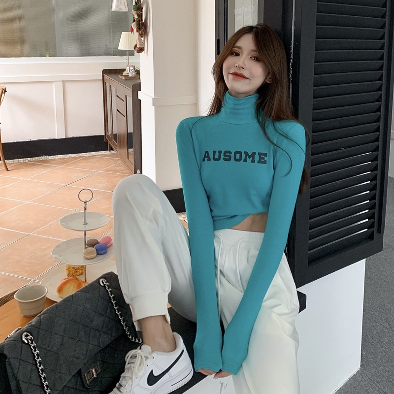 Real shot of winter Hong Kong style letter printing half-high collar color slim slim short warm fleece inner bottoming shirt