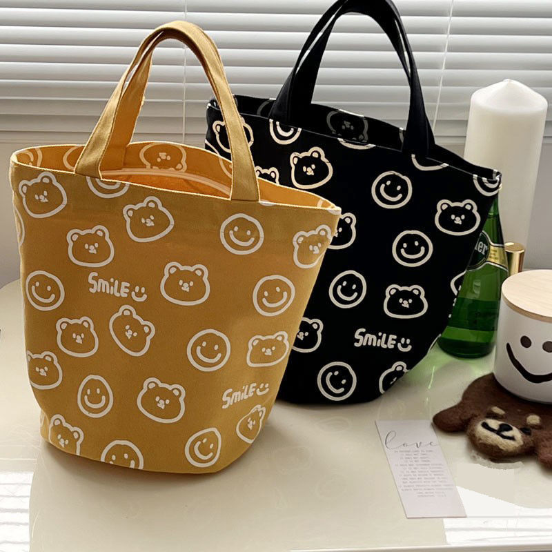 Original cute portable work small bag female simple all-match rice bucket bag printing bucket type lunch box bag canvas bag