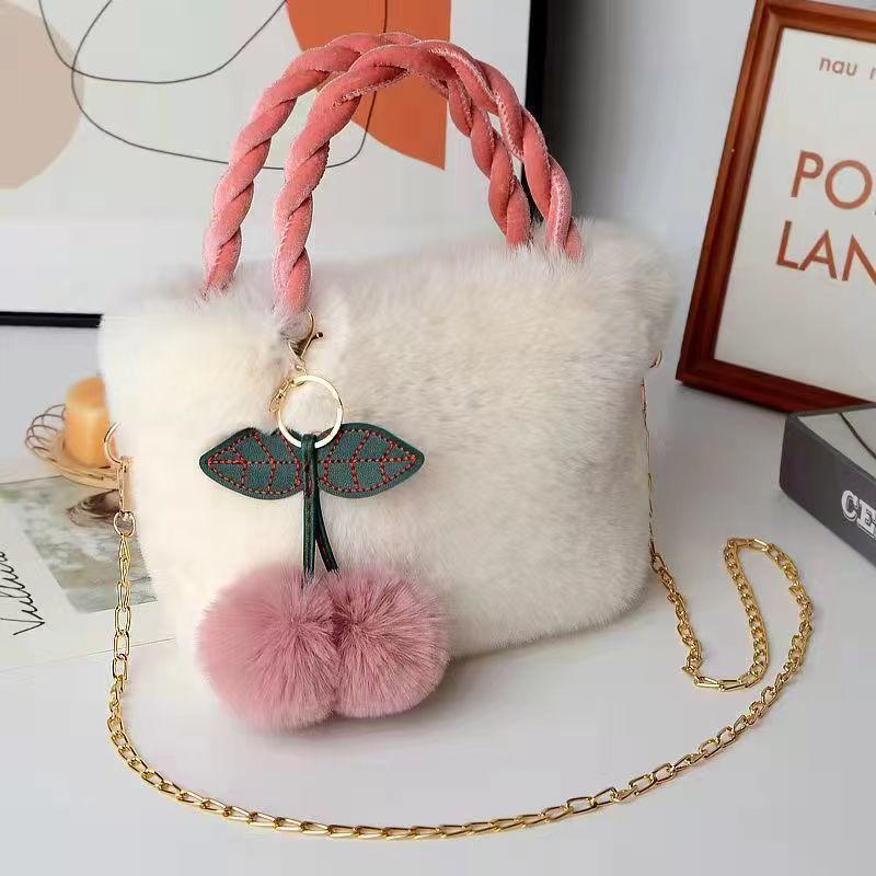 New large-capacity all-match cherry bag bucket bag chain messenger fashion handbag plush bag winter bag