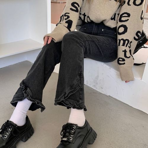 Design sense niche lace micro flared pants hot girl black jeans female spring and autumn high waist slimming early spring flared pants