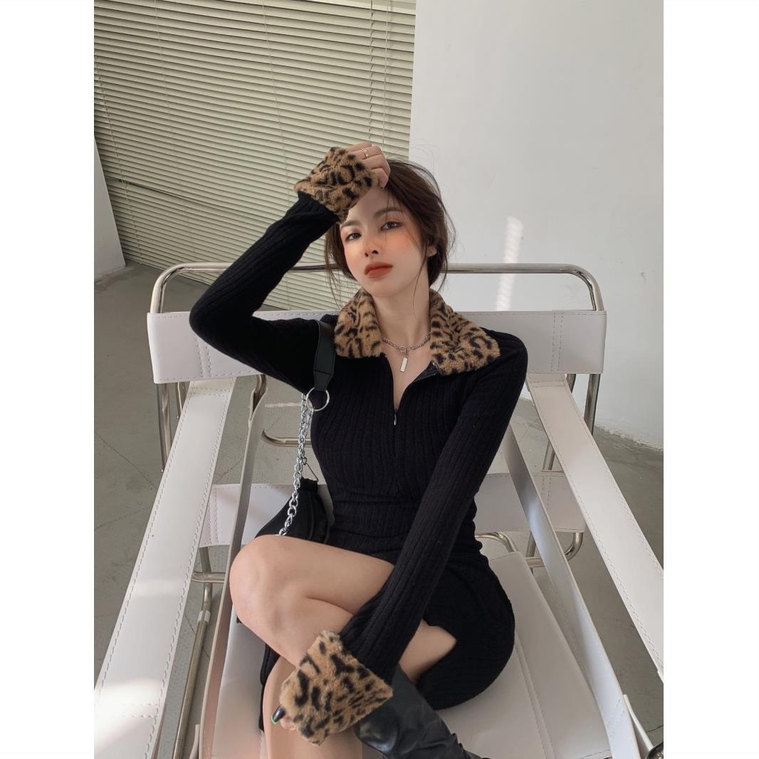 2021 autumn and winter new leopard print long-sleeved temperament high-end thickened dress women's slim and thin package hip skirt