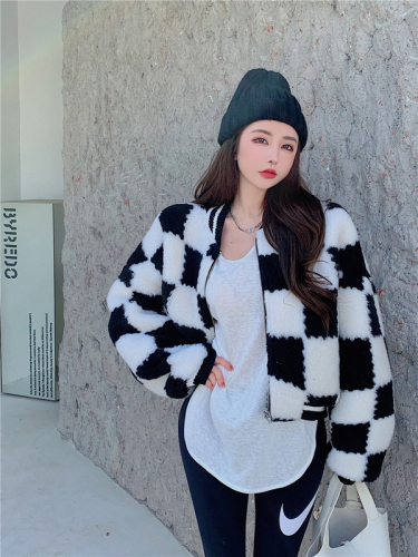 Real price fur one chessboard lattice long sleeve cotton jacket Korean fashion loose Baseball Jacket