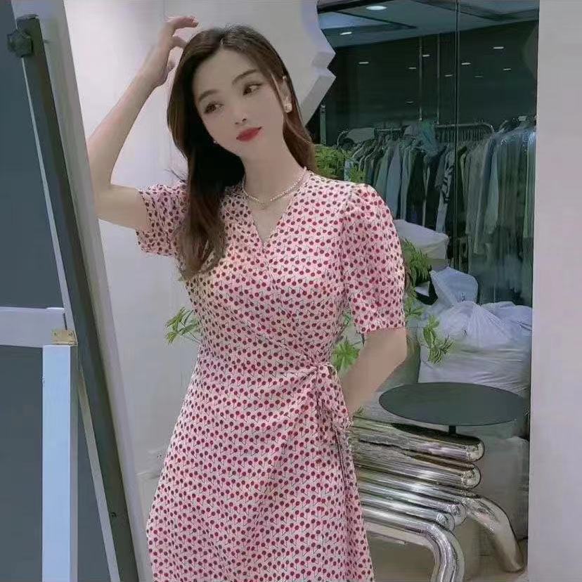 Cherry One-Piece Dress 2022 Women's Floral V-neck Waist Short Skirt Korean Chiffon Slim and Leg-Length Long Skirt