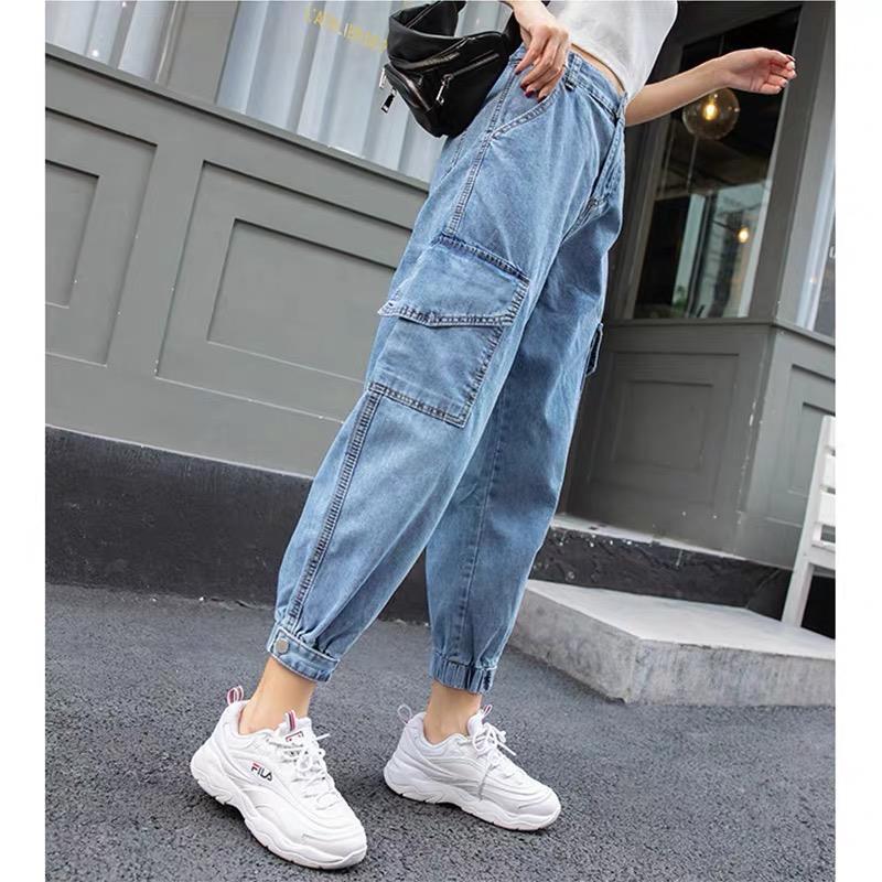 Women's tooling jeans loose large size high waist slim nine-point beam harem pants fat mm radish daddy pants trendy