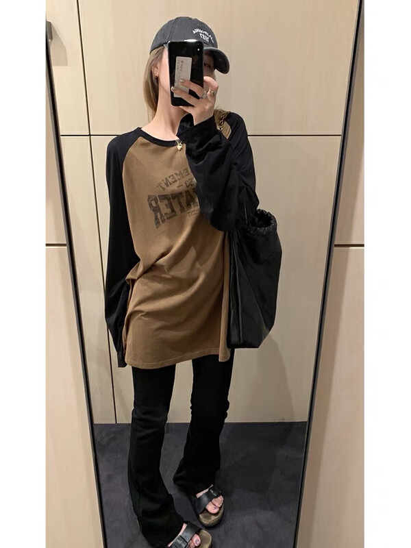 New in autumn!【WGWE】Korean letter print stitching long-sleeved T-shirt 2670# FHX