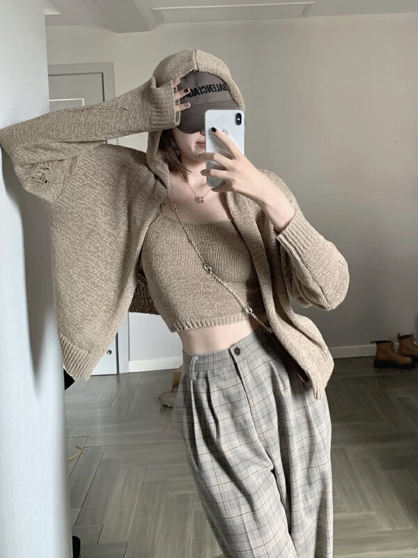 【WGWE】Korean style all-match hooded knitted cardigan + slim camisole suit 2871# FHX