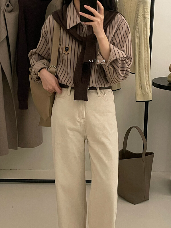 【KITTIN】Korean striped embroidered shirt 8730