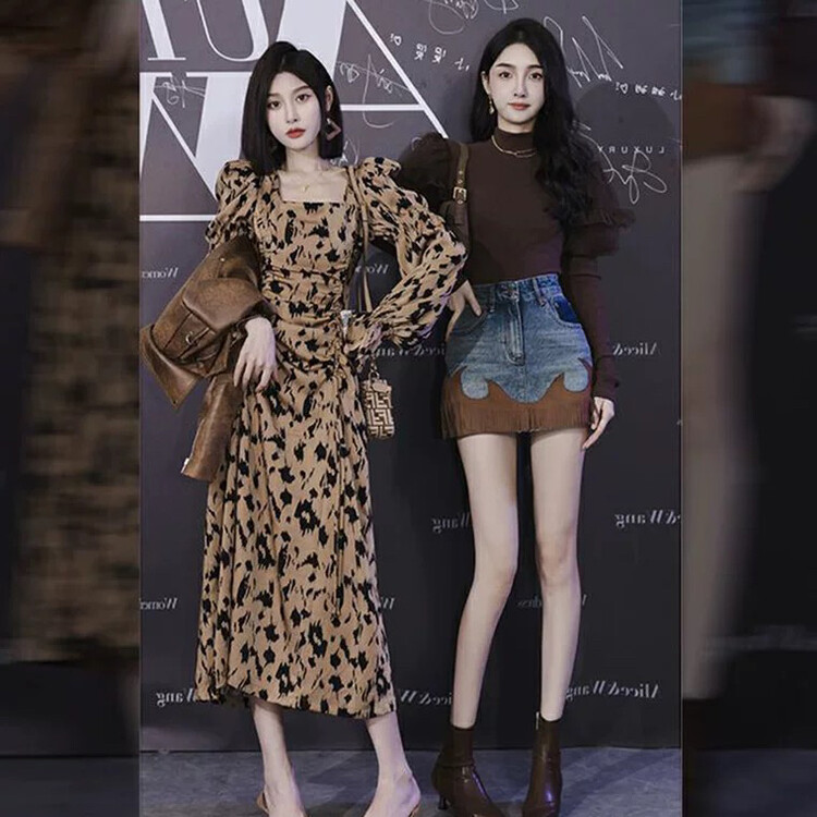 【L.L STUDIO】French Retro Leopard Print Square Neck Dress 78271# PCZ