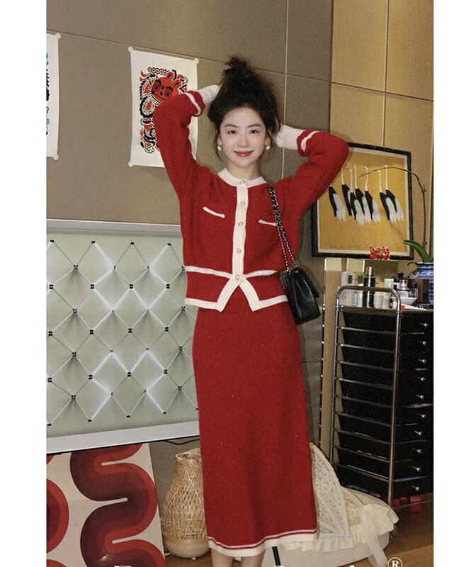 【L.L STUDIO】Christmas style retro fashionable small fragrant knitted cardigan + slim skirt suit 78607# PCZ