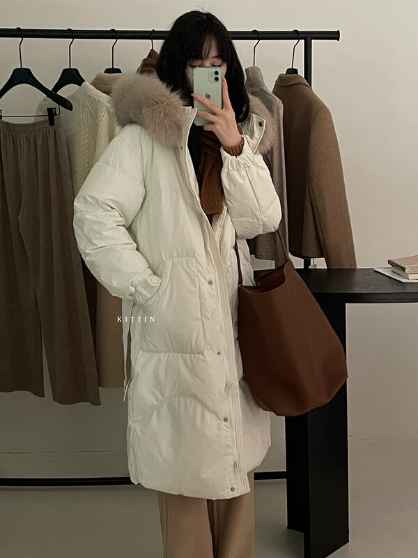 【KITTIN】Simple temperament fur collar long down jacket warm down jacket (with fur collar detachable like fur and like fur, waist rope) 2191# FHX