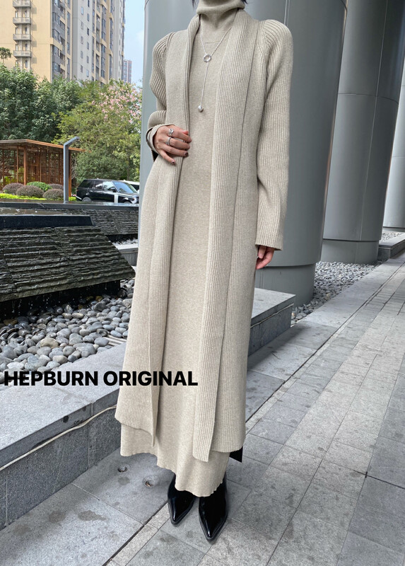 [HEPBURN] Lace-up Lazy Wool Knitted Sweater (With Belt) Long Jacket Casual and Versatile A58HB