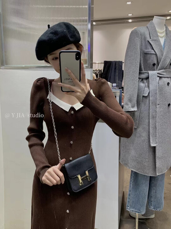 [Y.JIA] Elegant Square Neck Puff Sleeve Sweater Dress 203