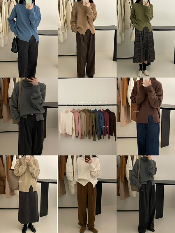 [KITTIN] Korean style design sense slit turtleneck sweater 1717