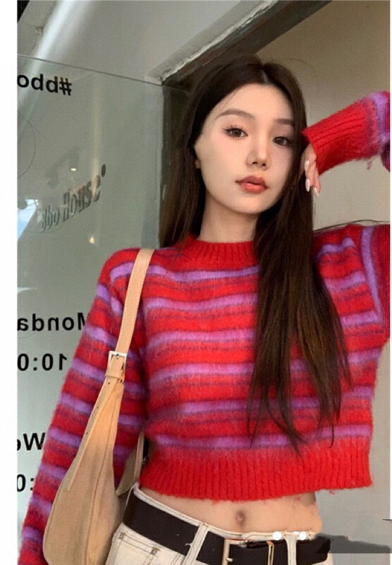 【WGWE】Color-contrast striped plush warm sweater 3157# FHX